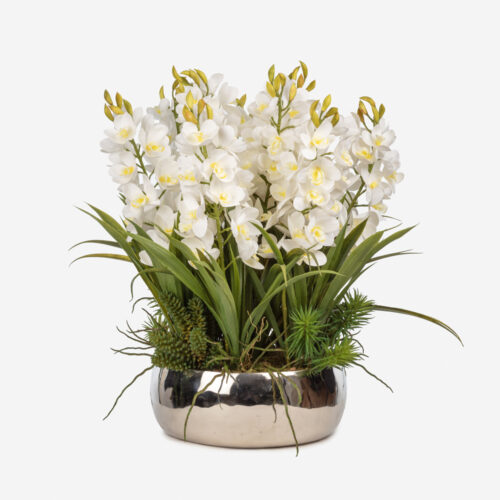 Metal Saksıda Islak Dokulu Beyaz Orkide Aranjman (55 CM)
