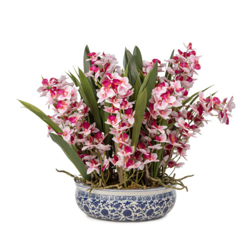 Bleu Blanc Vazo Islak Dokulu Pembe Orkide Aranjman (50 CM)