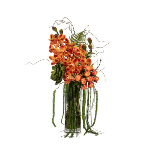Jelli Uzun Cam Vazoda Turuncu Orkide Aranjman (70 CM)