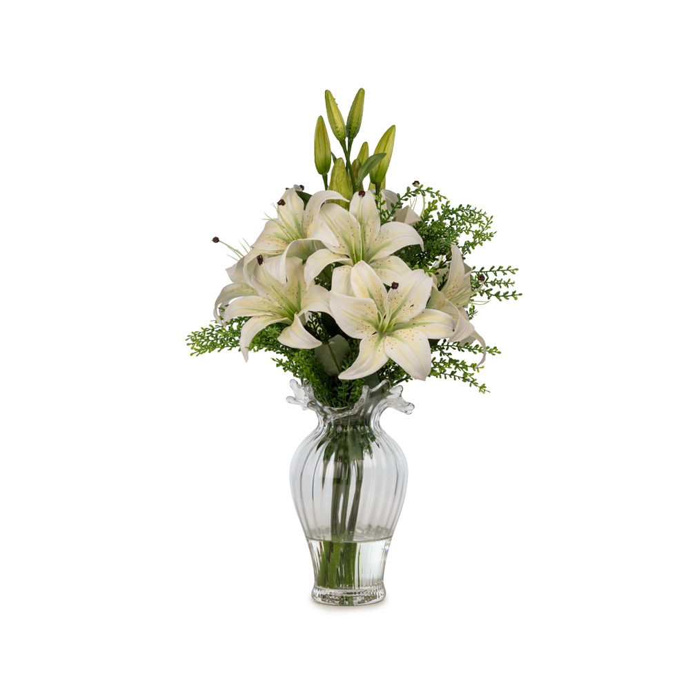 Jelli Cam Vazoda Islak Dokulu Lilyum Aranjman (60 CM) Jelli Cam Vazoda Islak Dokulu Lilyum Aranjman (60 CM)