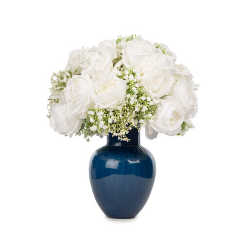 Mavi Cam Vazoda Islak Dokulu Gül Aranjman (40 CM)