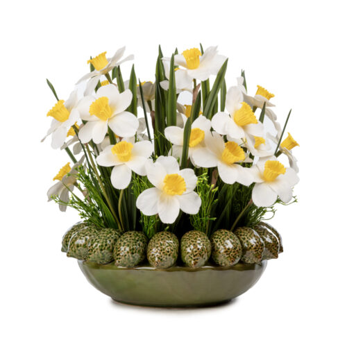 Limon Desenli Seramik Vazoda Islak Dokulu Büyük Nergis Aranjman (40 CM)