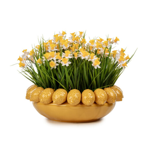 Limon Desenli Seramik Vazoda Nergis Aranjman (30 CM)