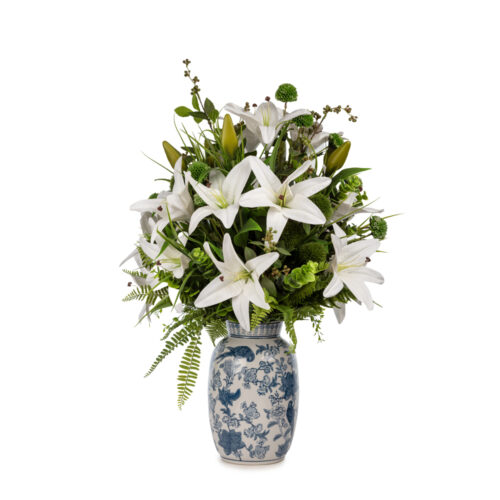 Bleu Blanc Vazoda Islak Dokulu Lilyum Aranjman (75 CM)