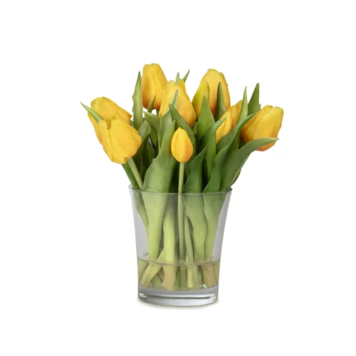 Küçük Cam Vazoda Islak Dokulu Jelli Sarı Lale Aranjman (23 CM)