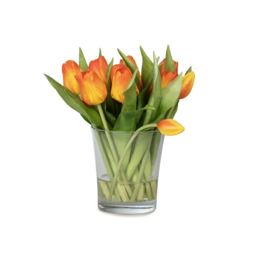Cam Vazoda Islak Dokulu Jelli Turuncu Papatya Aranjman (30 CM) Küçük Cam Vazoda Islak Dokulu Jelli Turuncu Lale Aranjman (23 CM)