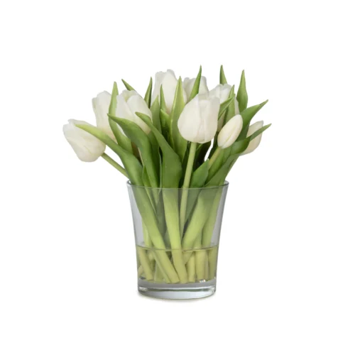 Cam Vazoda Islak Dokulu Jelli Beyaz Papatya Aranjman (30 CM) Küçük Cam Vazoda Islak Dokulu Jelli Beyaz Lale Aranjman (23 CM)