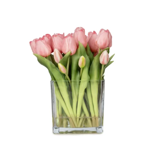 Büyük Kare Cam Vazoda Islak Dokulu Jelli Pembe Lale Aranjman (27 CM)