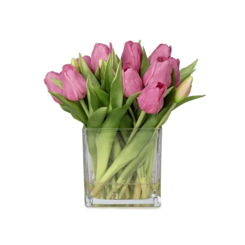 Orta Boy Kare Cam Vazoda Islak Dokulu Jelli Mauve Lale Aranjman (25 CM)