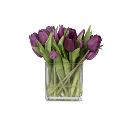 Orta Boy Kare Cam Vazoda Islak Dokulu Jelli Mor Lale Aranjman (25 CM)