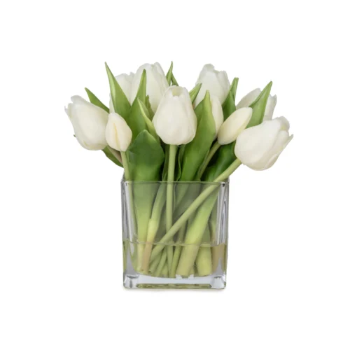 Küçük Boy Kare Cam Vazoda Islak Dokulu Jelli Beyaz Lale Aranjman (20 CM)