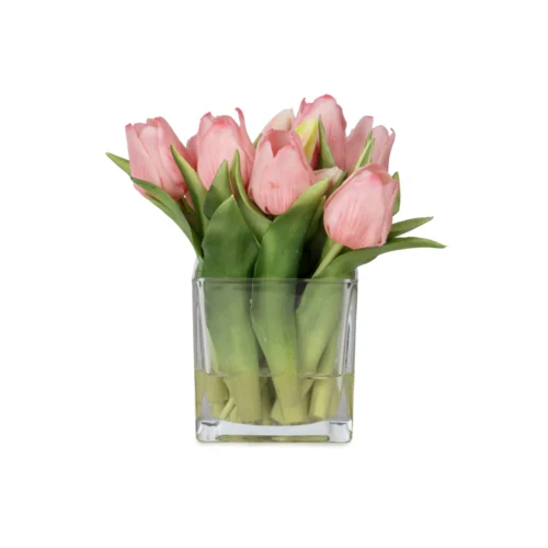 Küçük Boy Kare Cam Vazoda Islak Dokulu Jelli Pembe Lale Aranjman (20 CM)