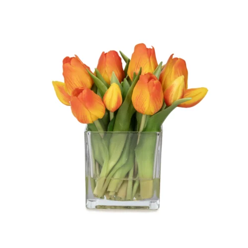 Küçük Boy Kare Cam Vazoda Islak Dokulu Jelli Turuncu Lale Aranjman (20 CM)