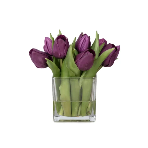 Küçük Boy Kare Cam Vazoda Islak Dokulu Jelli Mor Lale Aranjman (20 CM)