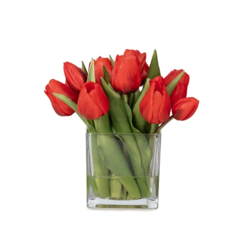 Küçük Boy Kare Cam Vazoda Islak Dokulu Jelli Kırmızı Lale Aranjman (20 CM)