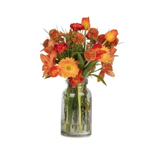 Cam Vazoda Islak Dokulu Jelli Lale Papatya Karışık Aranjman (45 CM)