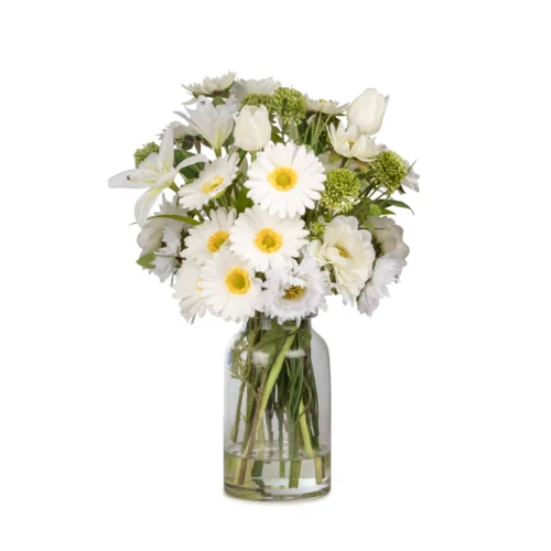 Cam Vazoda Islak Dokulu Jelli Lale Papatya Karışık Aranjman (45 CM)