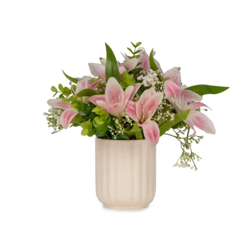 Seramik Vazoda Islak Dokulu Pembe Lilyum Aranjman (30 CM)