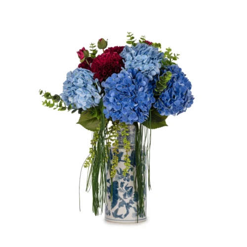 Bleu Blanc Vazoda Islak Dokulu Mavi Ortanca Aranjman (60 CM)