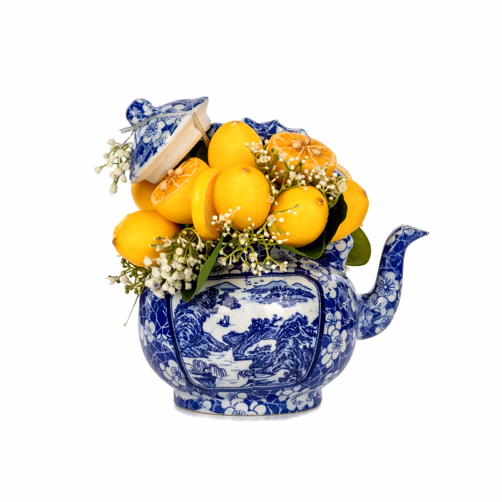 Bleu Blanc Çaydanlık Vazoda Limon Aranjman (22 CM)