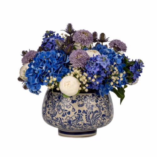 Bleu Blanc Vazoda Islak Dokulu Ortanca Aranjman (50 CM)