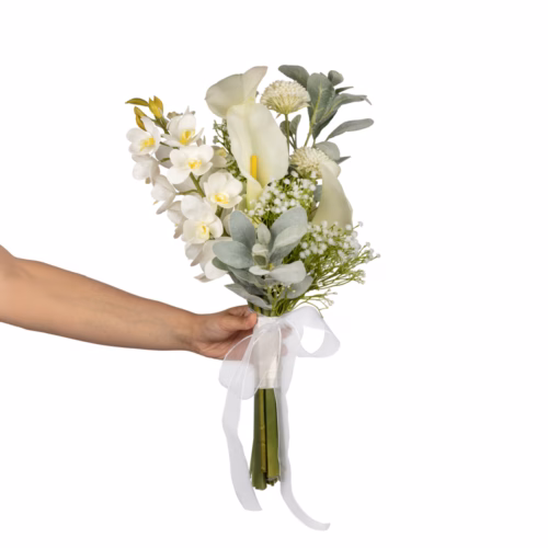 Islak Dokulu Modern Beyaz Gala Orkide Gelin Buketi (60 CM)