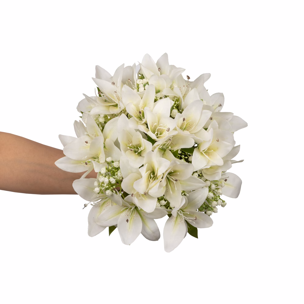 Islak Dokulu Beyaz Lilyum Cibsolu Gelin Buketi (40 CM) - Görsel 2