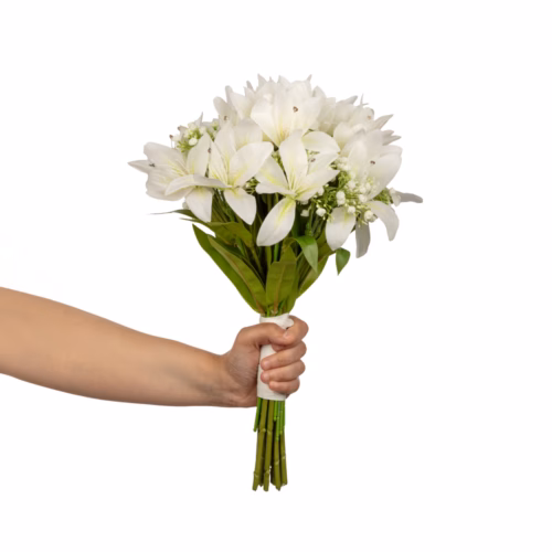 Islak Dokulu Beyaz Lilyum Cibsolu Gelin Buketi (40 CM)